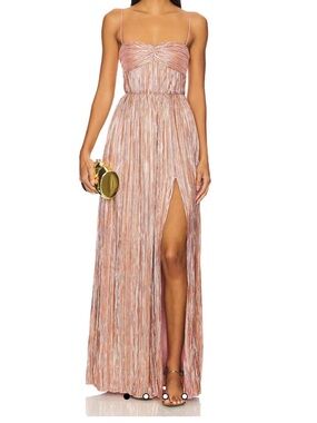 Lovers + Friends Metallic Rose Gold Pleated Strappy Maxi Dress